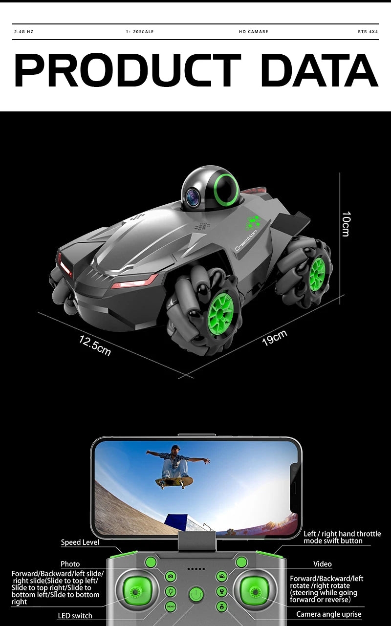 RC Car 1:20 With Video 2.4G WIFI FPV HD Camera Car 360° Rotation Stunt Camera Remote Control Cars Kids Boys Children's Toys Gift